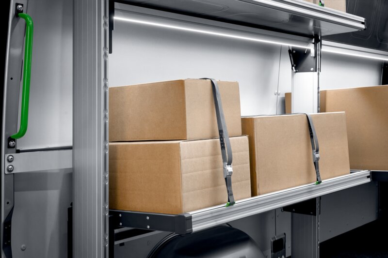 Mercedes Sprinter folding shelf with boxes on the shelf