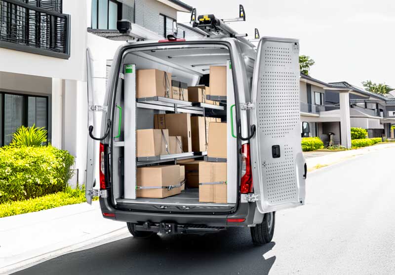 Mercedes Sprinter folding shelf with boxes left view